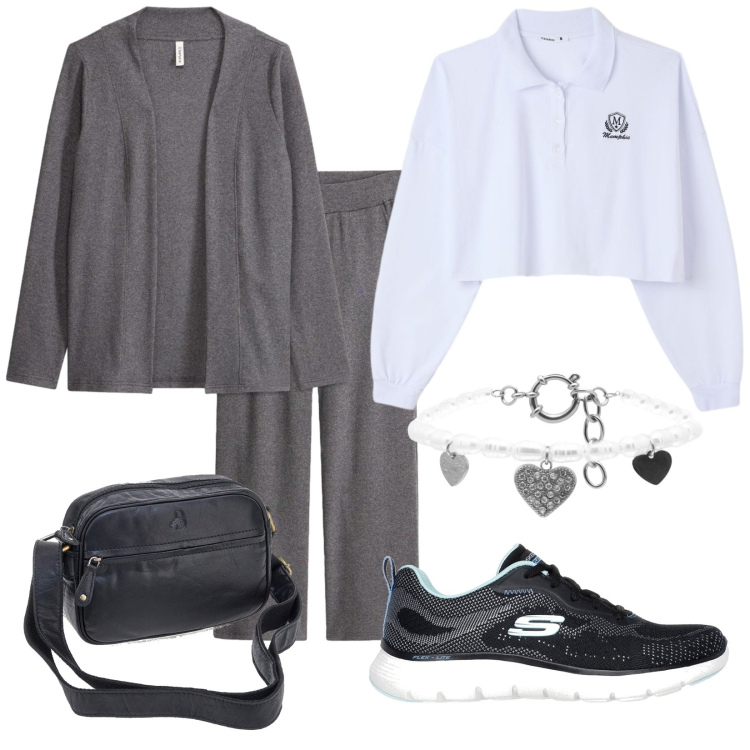 Outfit donna - Aprile comodo. Stile Casual per Tutti i giorni. Abbinamento con tute, polo, braccialetti, sneakers, borse a tracolla.