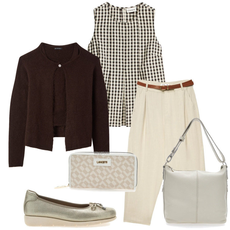 Outfit donna - Total look #2380210. Stile Casual chic per Tutti i giorni. Abbinamento con canottiere, cardigans, pantaloni chino, ballerine, borse a spalla, portafogli.