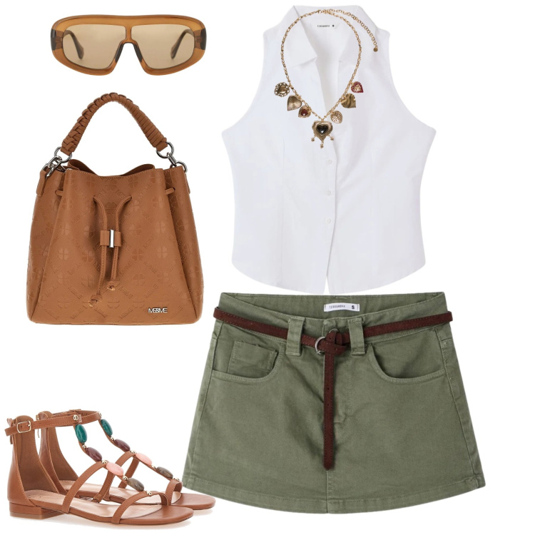 Outfit donna - Aprile. Stile Casual chic per Tutti i giorni. Abbinamento con minigonne, top, collane, occhiali da sole, sandali gioiello, borse a tracolla.