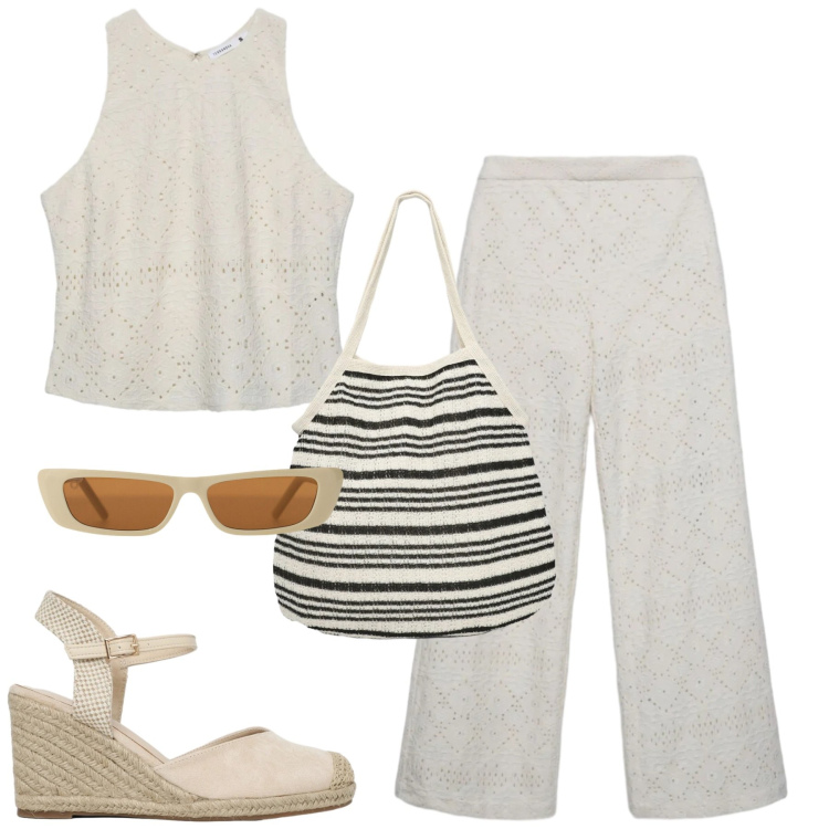 Outfit donna - Sangallo. Stile Romantica per Tutti i giorni. Abbinamento con shopping bag, zeppe, top, pantaloni, occhiali da sole.