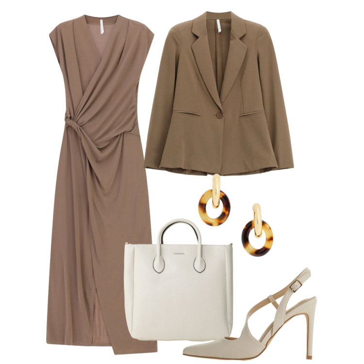 Outfit donna - Imperial - The New Crew SS 2026. Stile Chic per Cerimonia. Abbinamento con vestiti lunghi, décolleté, blazer, borse a tracolla, orecchini.