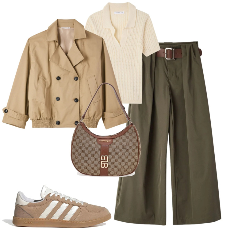 Outfit donna - Aprile. Stile Casual chic per Tutti i giorni. Abbinamento con pantaloni, trench, polo, sneakers, borse a spalla.