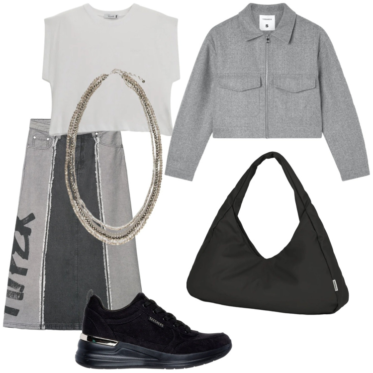 Outfit donna - Borsa Luma. Stile Trendy per Tutti i giorni. Abbinamento con gonne lunghe, blazer, collane, top, borse a spalla, sneakers.