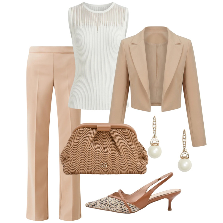 Outfit donna - Tailleur Rinascimento - Un completo, inf. Stile Chic per Cerimonia. Abbinamento con pantaloni, canottiere, pochette, décolleté, bolero, orecchini.
