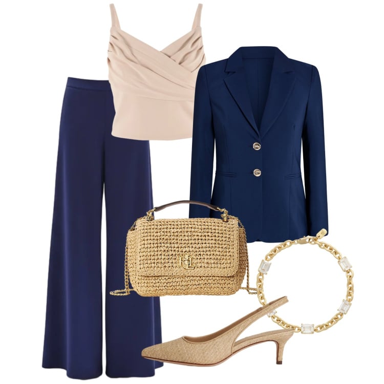 Outfit donna - Tailleur Rinascimento - Un completo, inf. Stile Chic per Cerimonia. Abbinamento con pantaloni a palazzo, blazer, canottiere, borse a spalla, décolleté, braccialetti.