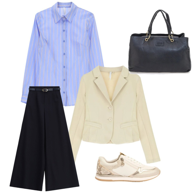 Outfit donna - Passeggiata in centro città. Abbinamento con sneakers, pantaloni a palazzo, blazer, camicie, borse a mano.