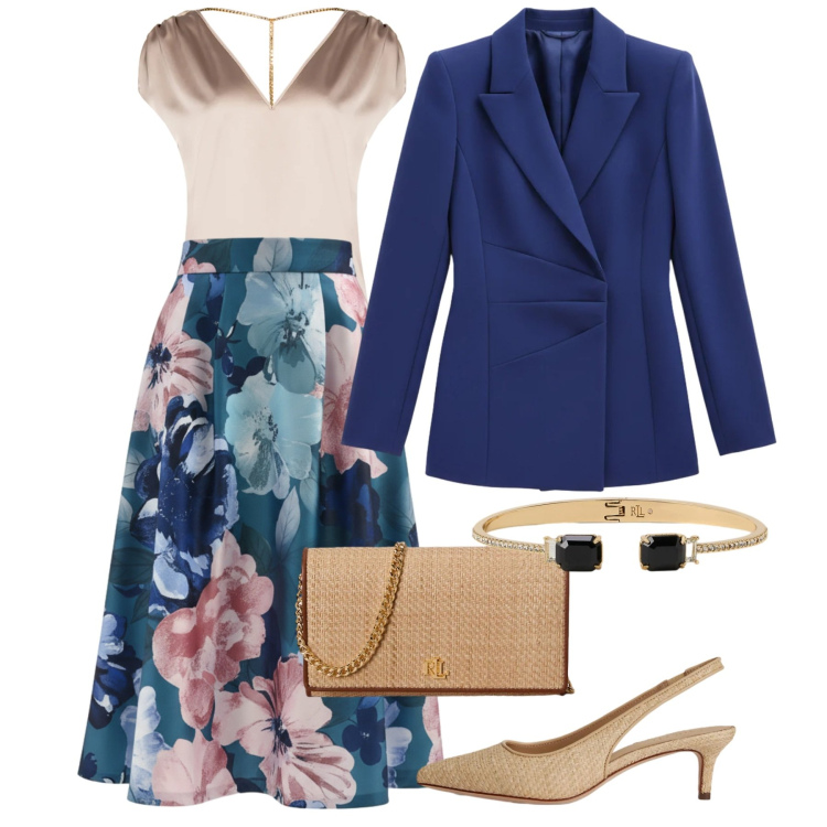 Outfit donna - Tailleur Rinascimento - Un completo, inf. Stile Chic per Cerimonia. Abbinamento con top, gonne longuette, blazer, braccialetti, borse a tracolla, décolleté.
