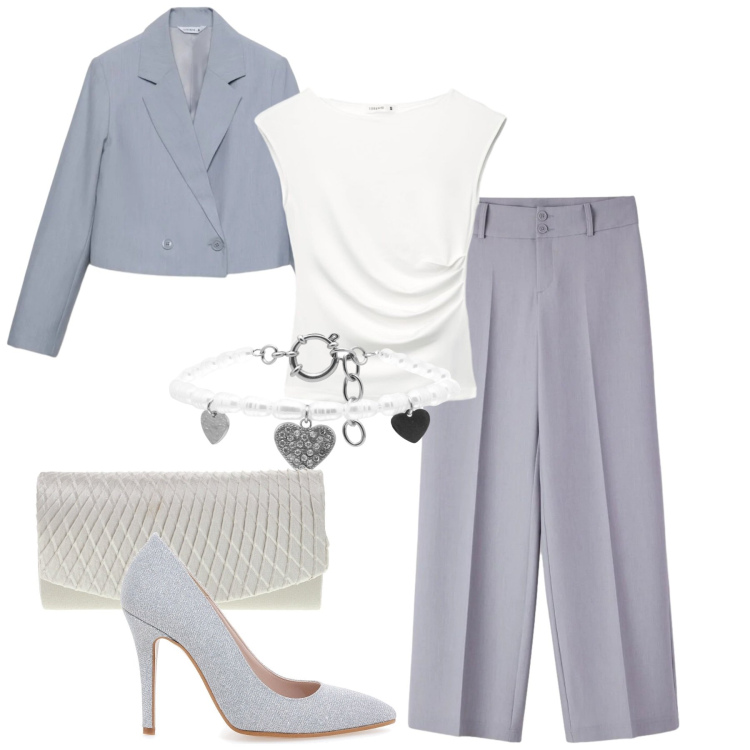 Outfit donna - Elegante in grigio chiaro. Stile Chic per Tutti i giorni. Abbinamento con blazer, pantaloni, top, braccialetti, décolleté, pochette.