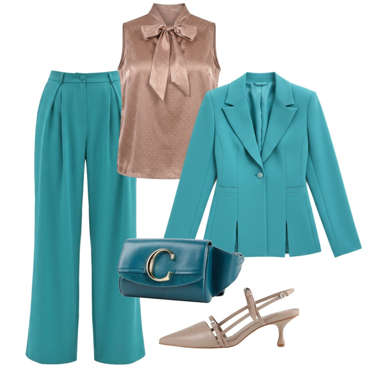 Outfit donna - Tailleur Rinascimento - Un completo, inf. Stile Chic per Cerimonia. Abbinamento con marsupi, décolleté, canottiere, blazer, pantaloni a palazzo.