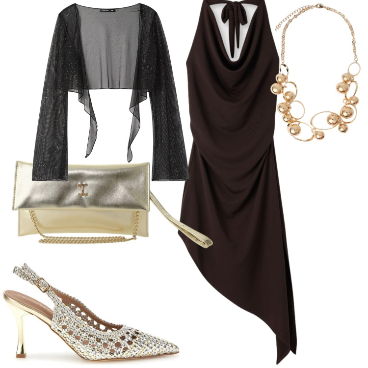 Outfit donna - Party time. Stile Trendy per Serata fuori. Abbinamento con vestiti asimmetrici, blazer, borse a tracolla, collane, décolleté.