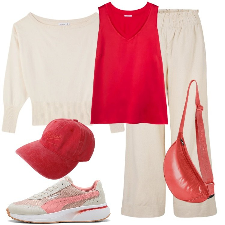 Outfit donna - Voglia di primavera!. Stile Casual per Tutti i giorni. Abbinamento con pantaloni culotte, pullovers, top, cappelli, borse a tracolla, sneakers.