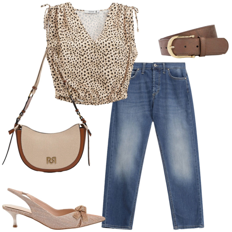 Outfit donna - Please. Stile Casual chic per Tutti i giorni. Abbinamento con cinture, jeans dritti, top, borse a tracolla, décolleté.