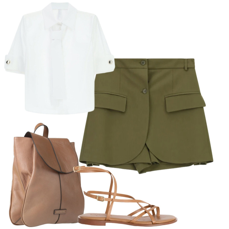 Outfit donna - City. Stile Casual chic per Tutti i giorni. Abbinamento con zaini, sandali in pelle, shorts, camicie.