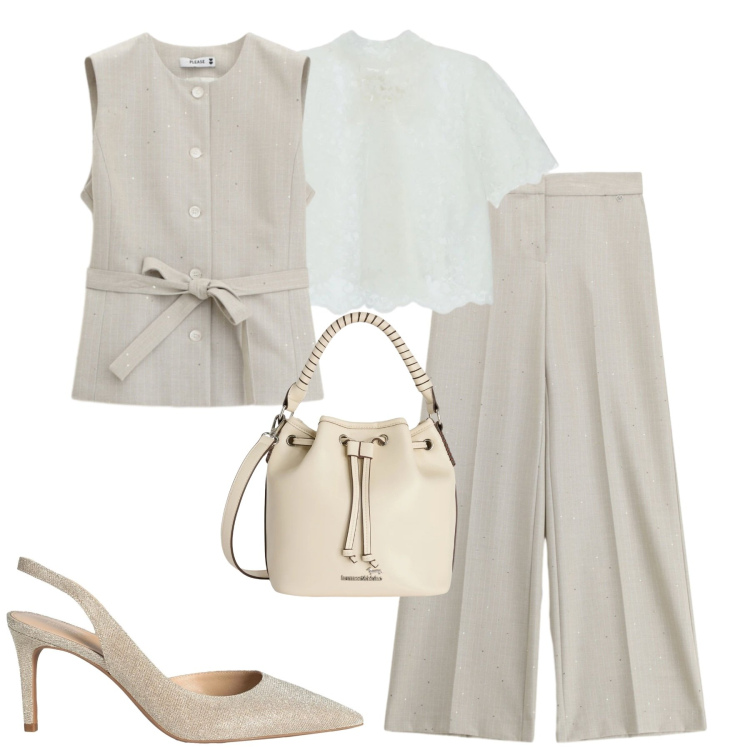 Outfit donna - Toni neutri. Stile Urban per Tutti i giorni. Abbinamento con décolleté, top, pantaloni a palazzo, gilet, borse a secchiello.