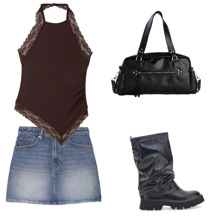 Outfit donna - outfit per ragazze casual moderno. Stile Urban per Serata fuori. Abbinamento con borse a mano, minigonne, top, stivali.