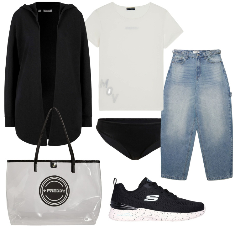 Outfit donna - Shopping bag. Stile Urban per Tutti i giorni. Abbinamento con felpe, culotte, jeans, t-shirt, shopping bag, sneakers.