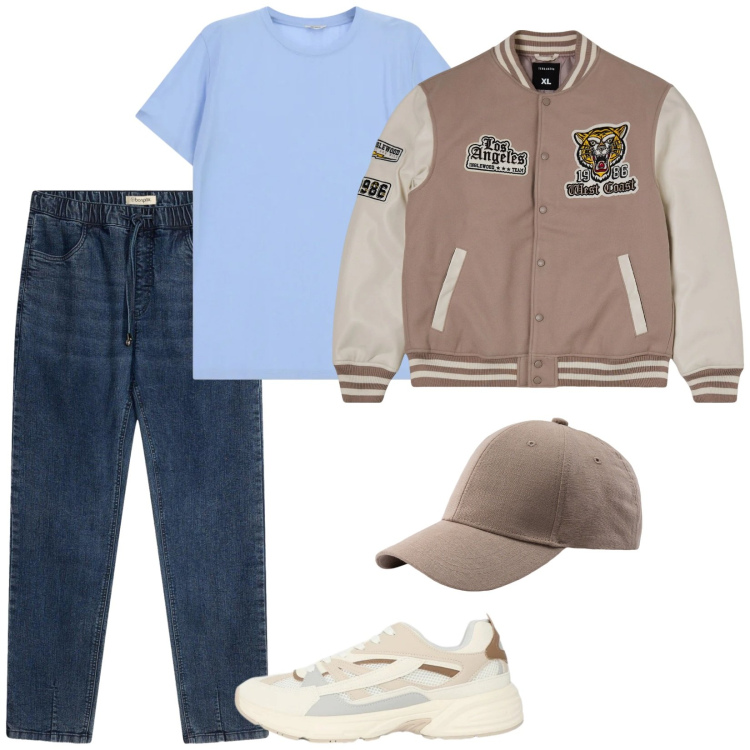 Outfit uomo - Young. Stile Casual per Tutti i giorni. Abbinamento con jeans dritti, bomber, sneakers, t-shirt, cappelli con visiera.