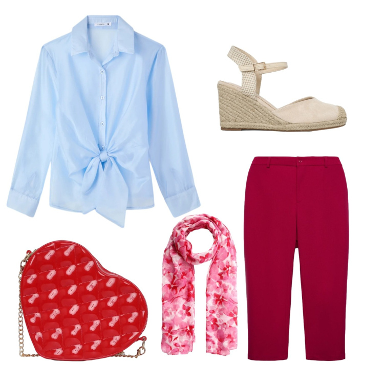 Outfit donna - Fragole e panna. Stile Casual chic per Serata fuori. Abbinamento con camicie, pantaloni chino, foulard, borse a tracolla, zeppe.