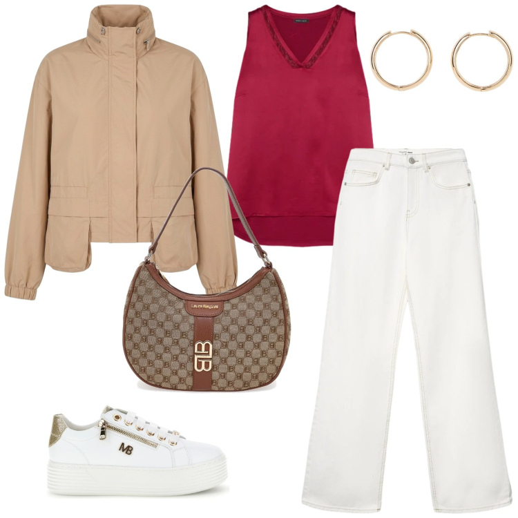 Outfit donna - Tre colori. per Tutti i giorni. Abbinamento con orecchini, bomber, jeans, top, sneakers, borse a spalla.