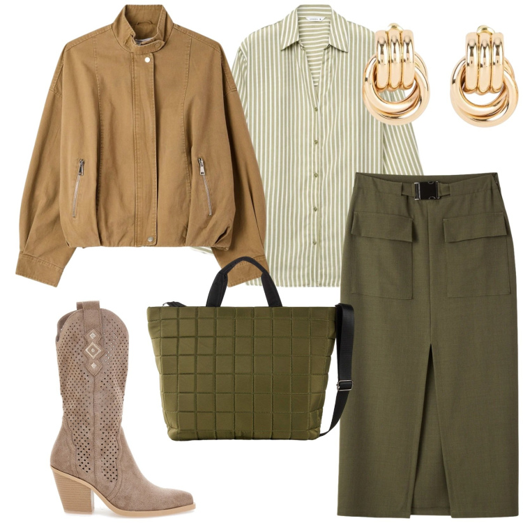 Outfit donna - La camicia a righe. per Ufficio. Abbinamento con shopping bag, orecchini, gonne longuette, camicie, bomber, stivaletti texani.
