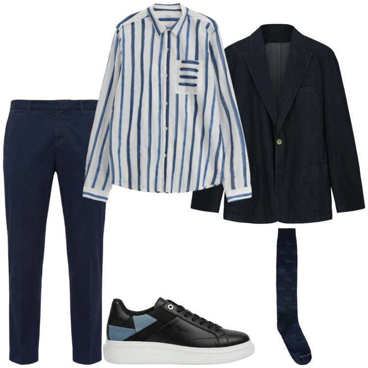 Outfit uomo - Eleganza sbarazzina. Stile Trendy per Serata speciale. Abbinamento con camicie, calzini, sneakers, pantaloni chino, giacche.