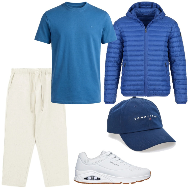 Outfit uomo - Bianco e blu. Stile Casual per Sport. Abbinamento con pantaloni, t-shirt, piumini, cappelli con visiera, sneakers.