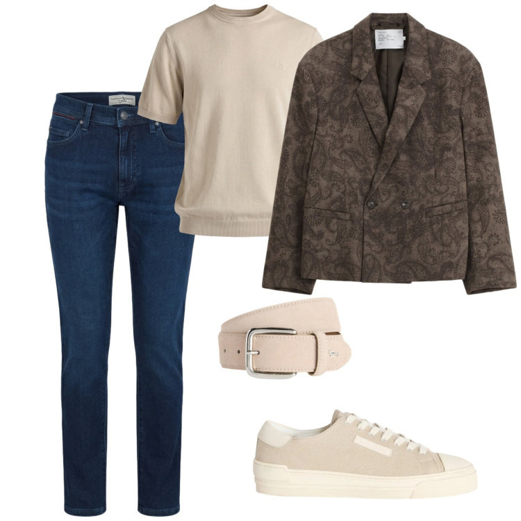 Outfit uomo - Denim. per Tutti i giorni. Abbinamento con giacche, sneakers, cinture, jeans slim fit, t-shirt.