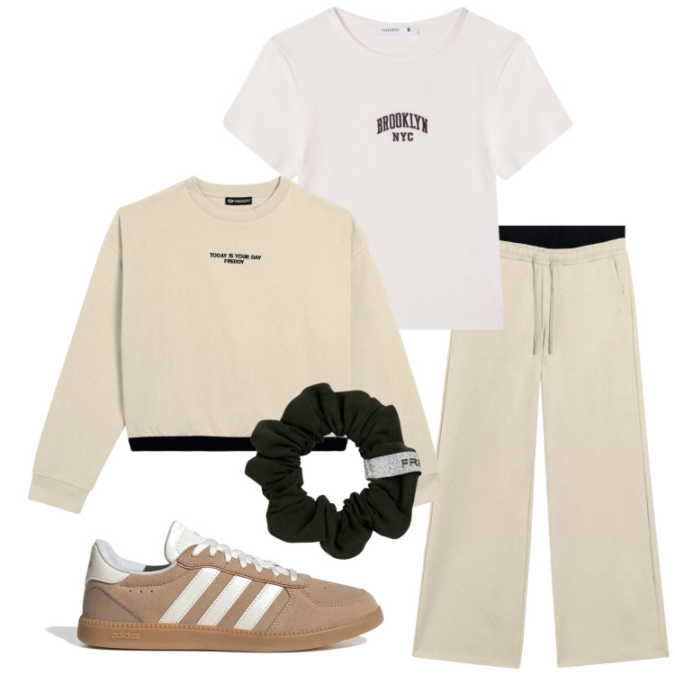 Outfit donna - Total look #2380290. Stile Sporty chic per Sport. Abbinamento con t-shirt sportive, pantaloni, accessori per capelli, felpe, sneakers.