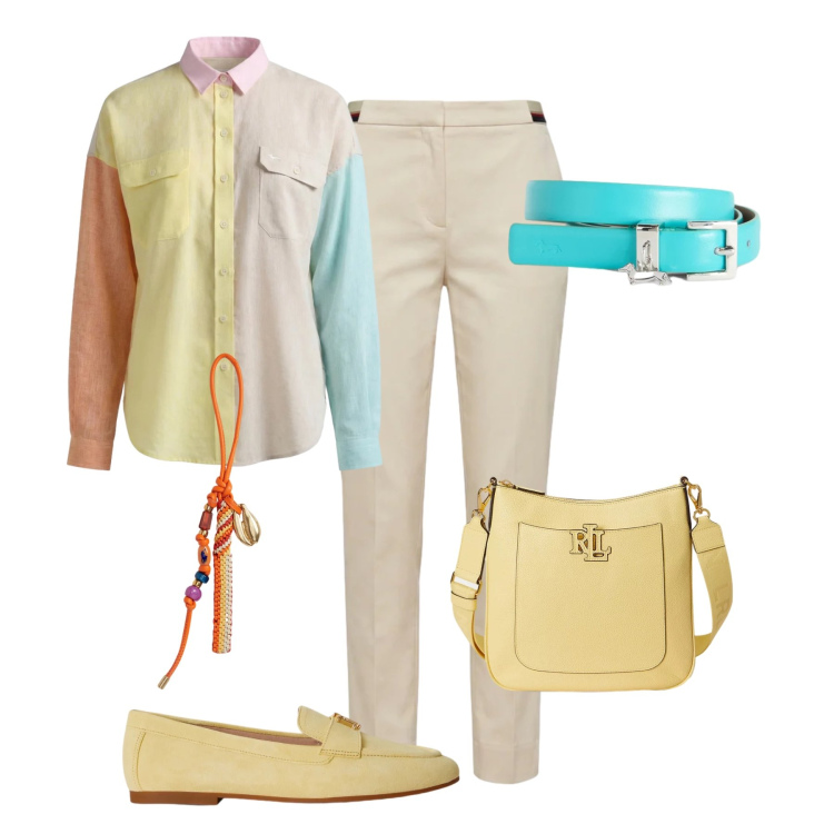 Outfit donna - Freschezza H & B. Stile Sporty chic per Tutti i giorni. Abbinamento con cinture, pantaloni chino, camicie, mocassini, braccialetti, borse a tracolla.