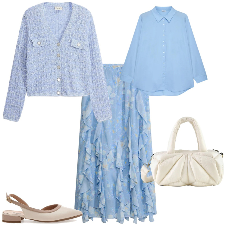 Outfit donna - Casual chic ogni giorno. Stile Casual chic per Tutti i giorni. Abbinamento con gonne lunghe, cardigans, camicie, borse a mano, ballerine.