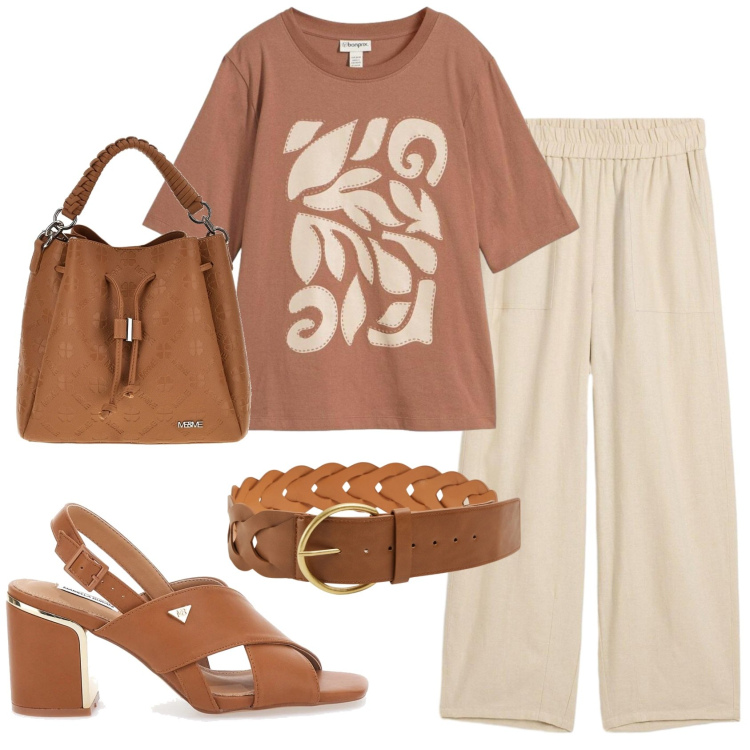 Outfit donna - Total look #2380296. Stile Basic per Ufficio. Abbinamento con pantaloni, t-shirt, cinture, sandali col tacco, borse a tracolla.