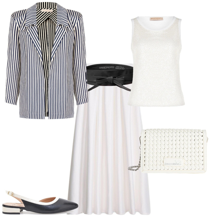 Outfit donna - Casual chic ogni giorno. Stile Casual chic per Tutti i giorni. Abbinamento con gonne lunghe, blazer, cinture, canottiere, borse a tracolla, ballerine.
