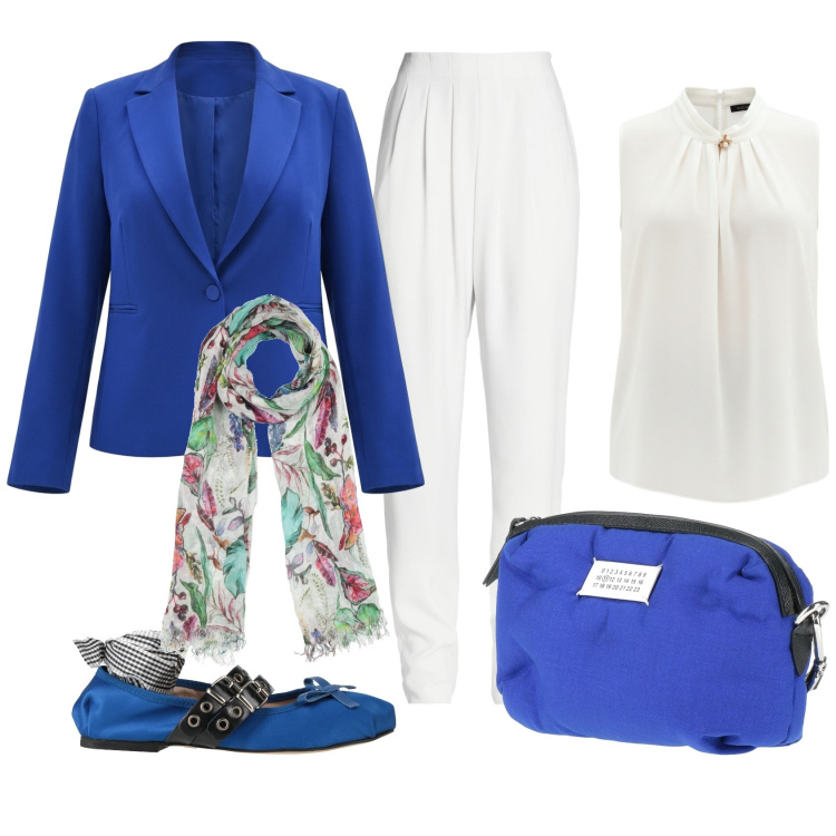 Outfit donna - Contrasti in ufficio. Stile Casual chic per Ufficio. Abbinamento con ballerine, sciarpe, pantaloni, marsupi, top, blazer.