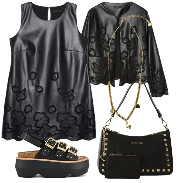 Outfit donna - Coordinato audace. Stile Rock per Serata fuori. Abbinamento con vestiti corti, blazer, borse a spalla, ciondoli, sandali col tacco.