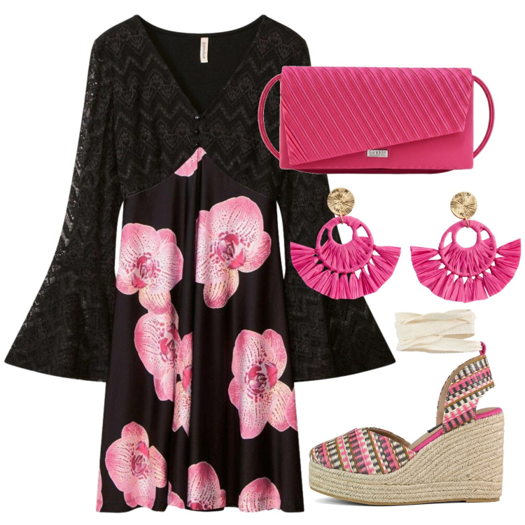 Outfit donna - Passeggiata sul lungomare. Stile Romantica per Mare. Abbinamento con orecchini, vestiti midi/longuette, zeppe, pochette.