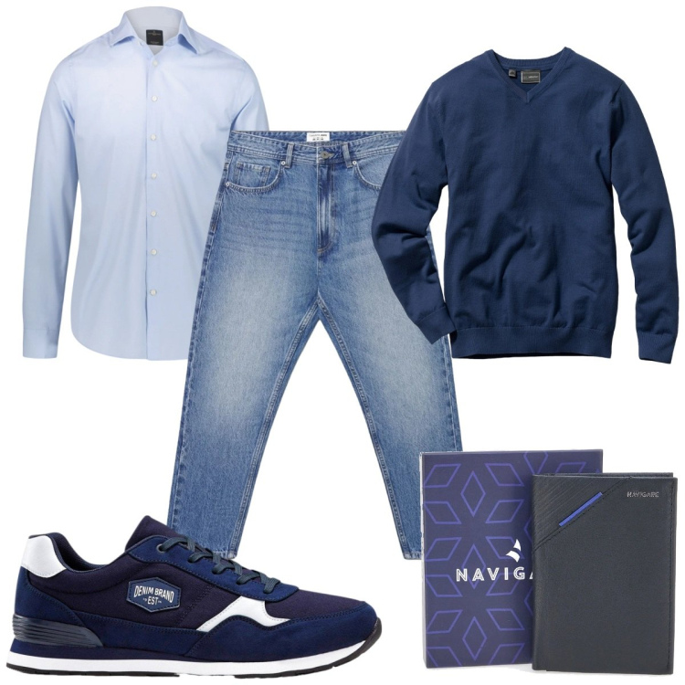 Outfit uomo - Camicia protagonista low cost. Stile Casual per Tutti i giorni. Abbinamento con maglieria, sneakers, jeans, camicie, portafogli.