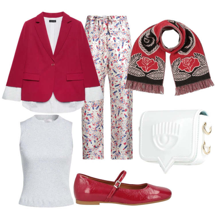Outfit donna - Rossi di primavera. Stile Glamour per Tutti i giorni. Abbinamento con pantaloni, sciarpe, top, marsupi, ballerine, blazer.