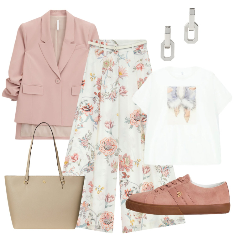Outfit donna - Imperial in ufficio. Stile Casual chic per Ufficio. Abbinamento con pantaloni a palazzo, blazer, t-shirt, sneakers, orecchini, borse tote.