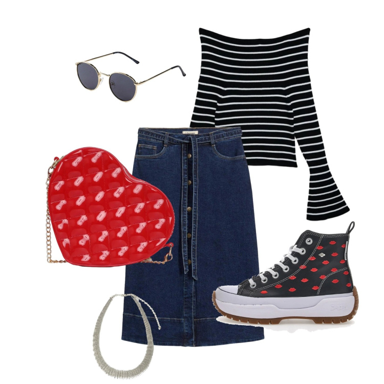 Outfit donna - Total look #2380320. Stile Romantica per Tutti i giorni. Abbinamento con occhiali da sole, gonne longuette, maglieria, borse a tracolla, collane, sneakers.