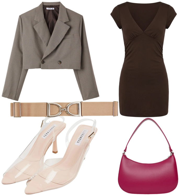 Outfit donna - Primavera in Terranova. Stile Casual chic per Tutti i giorni. Abbinamento con vestiti corti, borse a tracolla, cinture, sandali col tacco, blazer.