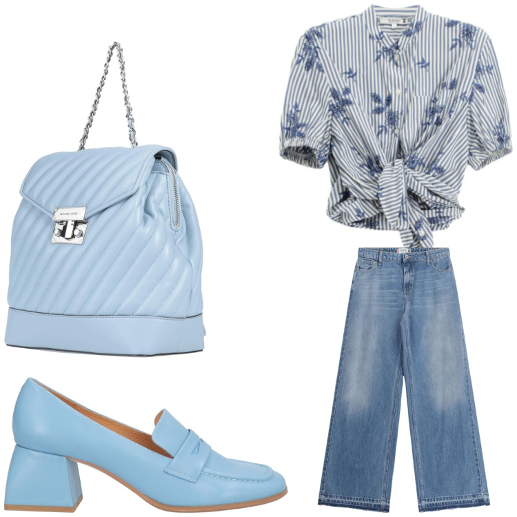 Outfit donna - Jeans e camicia. Stile 70s per Tutti i giorni. Abbinamento con zaini, mocassini, camicie a manica corta, jeans.