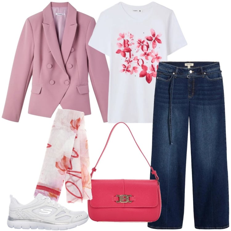 Outfit donna - Blazer di primavera. Stile Mannish per Ufficio. Abbinamento con jeans, t-shirt, blazer, sneakers, foulard, borse a spalla.