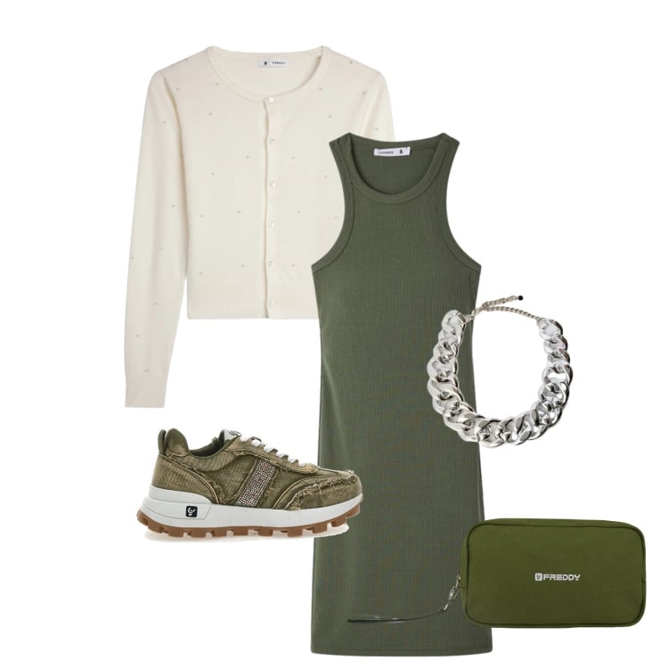 Outfit donna - Total look #2380328. Stile Sporty chic per Tutti i giorni. Abbinamento con collane, valigie, vestiti midi/longuette, sneakers, cardigans.