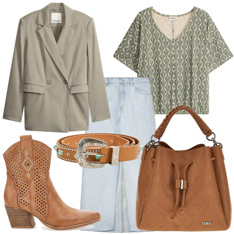 Outfit donna - Primavera con carattere. Stile Glamour per Tutti i giorni. Abbinamento con t-shirt, blazer, gonne lunghe, cinture, stivaletti texani, borse a tracolla.