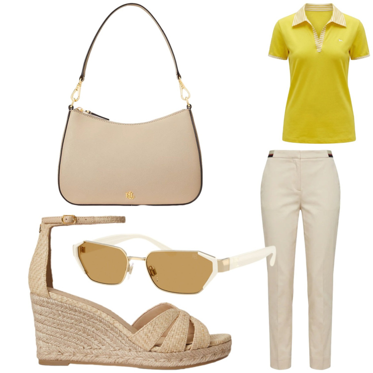 Outfit donna - Freschezza Harmont e Blaine. Stile Casual per Tutti i giorni. Abbinamento con pantaloni chino, polo, borse a spalla, espadrillas, occhiali da sole.