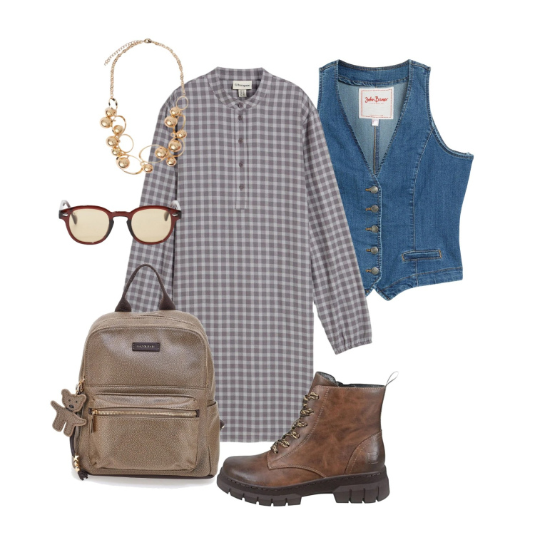 Outfit donna - Total look #2380336. Stile Trendy per Tutti i giorni. Abbinamento con gilet, vestiti corti, collane, occhiali da sole, anfibi, zaini.