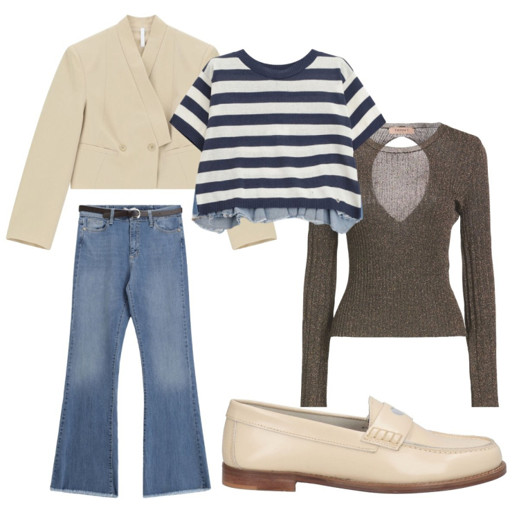 Outfit donna - Primavera aprile ufficio. Stile Trendy per Ufficio. Abbinamento con pullovers, mocassini, jeans, t-shirt, blazer.