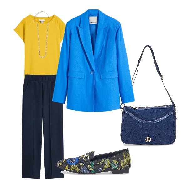 Outfit donna - giallo e blu. Stile Casual chic per Ufficio. Abbinamento con collane, mocassini, borse a tracolla, blazer, t-shirt, pantaloni.