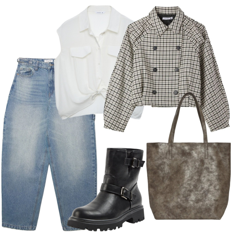 Outfit donna - I must have di primavera 2026. Stile Trendy per Tutti i giorni. Abbinamento con jeans, caban, shopping bag, stivaletti, camicie a manica corta.