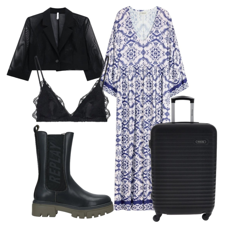 Outfit donna - Faccio il pieno e parto. Stile Etnico per Tutti i giorni. Abbinamento con stivaletti, vestiti lunghi, blazer, reggiseni, valigie.